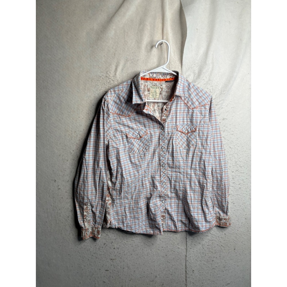 Panhandle Rough Stock Womens Large Western Snap Shirt Plaid Floral Blue Orange
